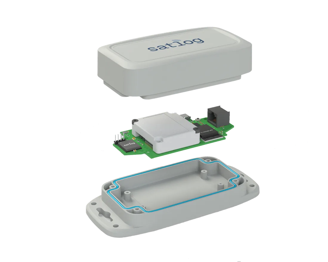 Exploded view of satlog.io device showing modem, PCB board, and antenna.