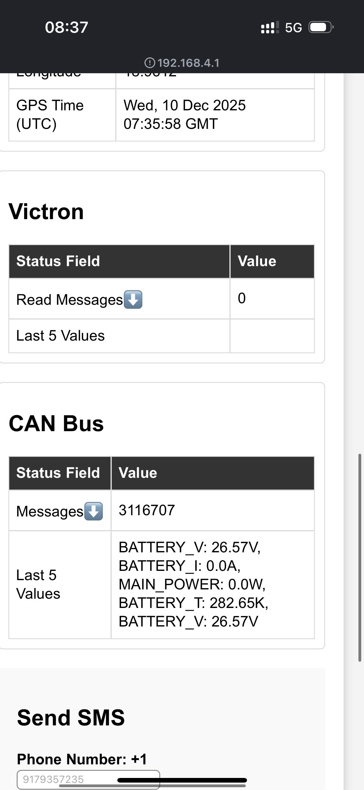 Sample status page showing CAN bus activity